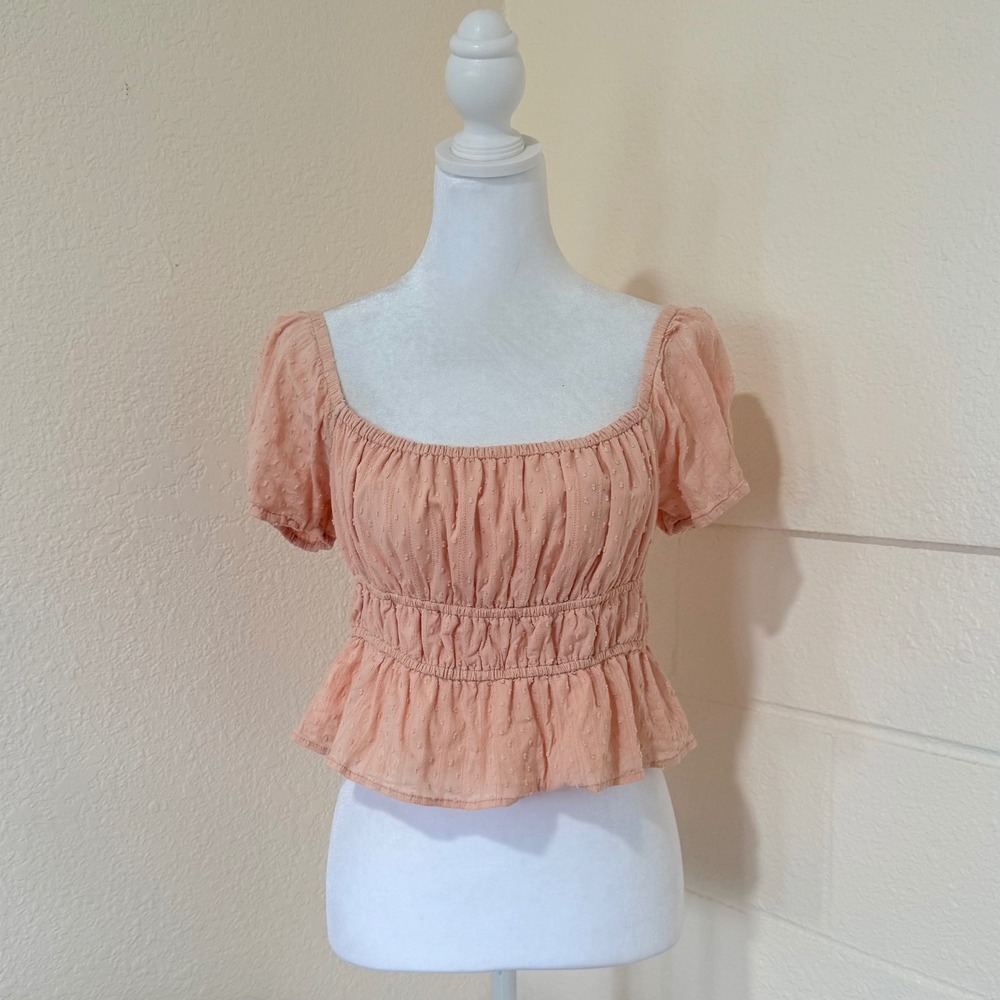 Mahina Swiss Dot Peplum Top Womens Large Peach Lace Up Back Puff Sleeve Coquette